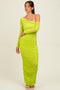 Lime Ruched Mesh One Shoulder Long Sleeve Maxi Dress