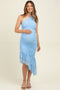 Light Blue Ruched Mesh One Shoulder Asymmetric Maternity Dress