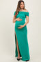 Green Foldover Off Shoulder Ruched High Slit Maternity Maxi Dress