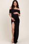 Black Foldover Off Shoulder Ruched High Slit Maternity Maxi Dress