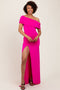 Fuchsia Foldover Off Shoulder Ruched High Slit Maxi Dress