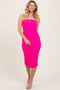 Fuchsia Ruched Mesh Sleeveless Midi Dress