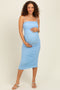 Light Blue Ruched Mesh Sleeveless Maternity Midi Dress