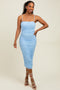 Light Blue Ruched Mesh Sleeveless Midi Dress