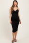 Black Ruched Sweetheart Neckline Maternity Midi Dress