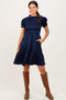 Navy Satin Smocked Mock Neck Dress