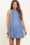 Blue Chambray Pleat Detail Sleeveless Maternity Shirt Dress