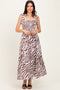 Brown Animal Print Smocked Shoulder Tie Midi Dress
