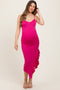 Fuchsia Ruched Ruffle Detail Sleeveless Maternity Midi Dress