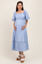 Blue Wavy Trim Puff Sleeve Maternity Midi Dress