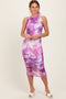 Purple Printed Mesh Overlay Sleeveless Fitted Midi Dress