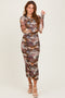 Brown Floral Mesh Overlay Ruched Midi Dress