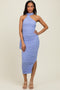 Periwinkle Mesh Draped Scarf Ruched Midi Dress