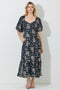 Black Floral Striped Puff Sleeve Midi Dress