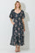 Black Floral Striped Puff Sleeve Midi Dress