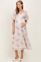 Cream Floral Striped Puff Sleeve Maternity Midi Dress