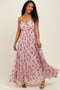 Light Pink Floral Pleated Chiffon Cutout Tie Back Maxi Dress