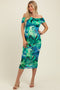 Green Printed Off Shoulder Ruched Maternity Midi Dress