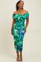 Green Printed Off Shoulder Ruched Midi Dress