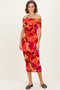 Orange Printed Off Shoulder Ruched Midi Dress