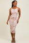 Light Pink Floral Mesh Overlay Twisted Strap Midi Dress