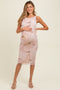 Light Pink Floral Mesh Overlay Twisted Strap Maternity Midi Dress