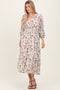 Cream Floral Button Front V-Neck Midi Dress