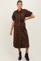 Brown Floral Button Front Waist Tie Maternity Midi Dress