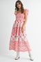 Red Embroidered Smocked Cutout Midi Dress