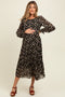 Black Floral Chiffon Long Sleeve Pleated Maternity Midi Dress