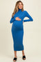 Blue Turtle Neck Ribbed Fitted Long Sleeve Maternity Maxi Dress