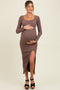 Brown Scoop Neck Long Sleeve Front Slit Maternity Maxi Dress