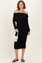 Black Ruched Mesh Off Shoulder Long Sleeve Midi Dress