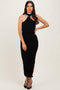 Black Mesh Draped Scarf Ruched Midi Dress