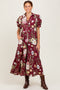 Burgundy Floral Puff Sleeve Button Down Midi Dress