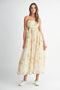 Yellow Faded Floral Scallop Edge Cutout Midi Dress