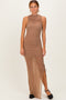 Mocha Mesh Ruched One Sleeve Maxi Dress