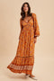 Orange Floral Border Print Long Sleeve Maxi Dress