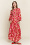 Red Floral Smocked Bodice Long Sleeve Maxi Dress