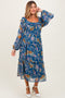 Navy Floral Chiffon Smocked Ruffle Tiered Maternity Midi Dress