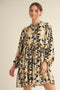 Black Floral Front Tie Bubble Sleeve Mini Dress