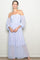 woman wearing a lavender off-the-shoulder long sleeve lace maxi dress with a smocked bodice and puff sleeves