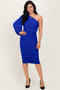 Royal Blue Ruched Mesh One Shoulder Long Sleeve Midi Dress