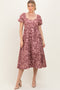 Mauve Floral Jacquard Puff Sleeve Midi Dress