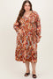 Mocha Multi Color Satin V-Neck Long Sleeve Plus Maternity Maxi Dress