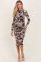 Black Floral Mesh Ruched Long Sleeve Maternity Midi Dress