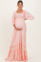 Light Pink Solid 3/4 Sleeve Smocked Top Tiered Maternity Maxi Dress