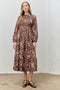 Brown Floral Smocked Long Sleeve Midi Dress