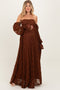 Brown Lace Smocked Long Sleeve Off Shoulder Maternity Maxi Dress