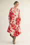 Cream/Red Big Floral Print Midi Dress